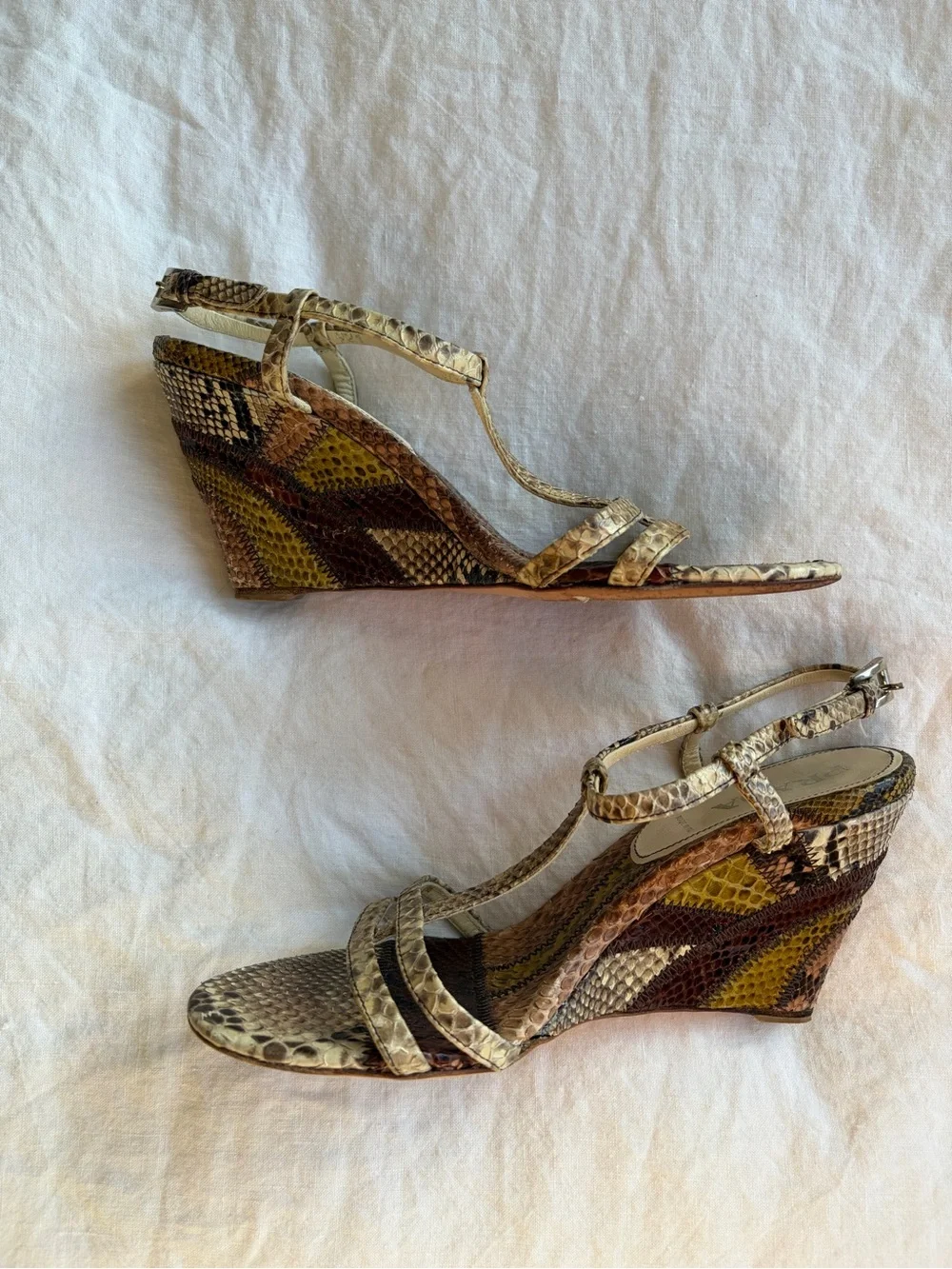 Vintage Prada Snake Python Animal Leather T Strap Wedges Heels Brown Tan Green